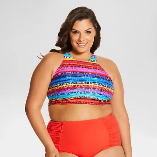 Bright, two-piece swimsuit with tank top and high-waisted bottom