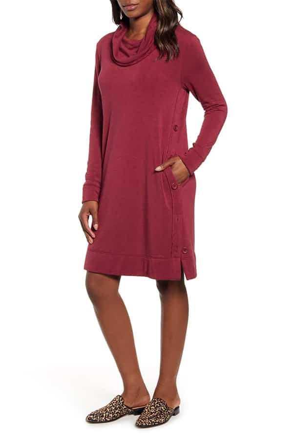 Red cowl neck dress with button details 