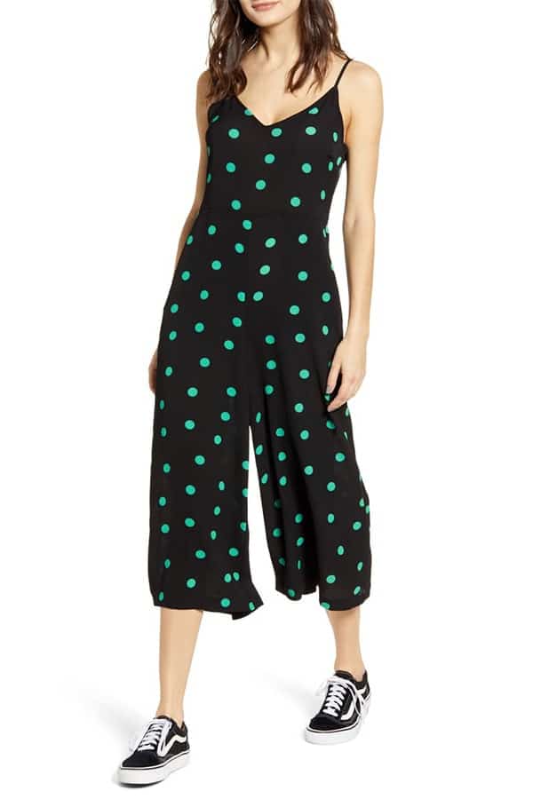 Black jumpsuit with green polka dots 