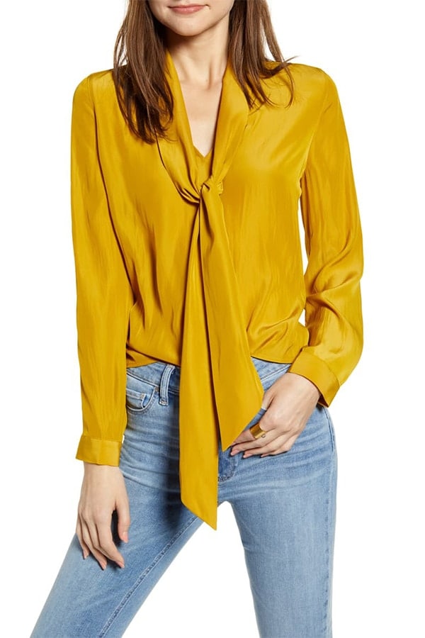 Mustard tie-neck blouse