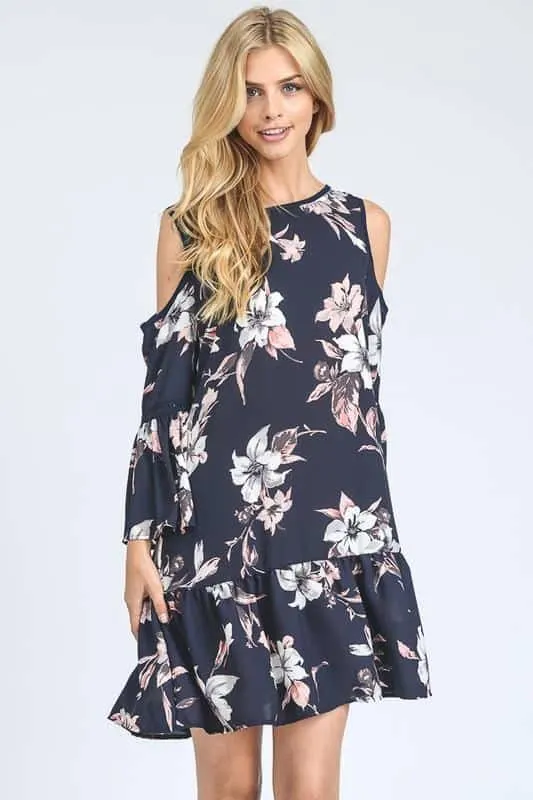 Navy cold-shoulder dress with white and pink floral pattern
