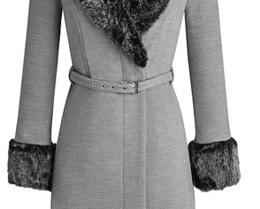 Grey, belted coat with dark grey fur trim on color and cuffs