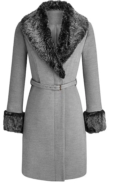 Grey, belted coat with dark grey fur trim on color and cuffs