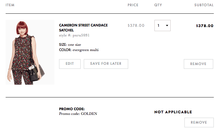 The Hunt for Kate Spade Coupons 4 kate spade shopping cart with denied coupon code
