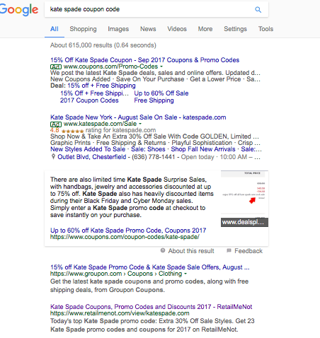 The Hunt for Kate Spade Coupons 3 Google search results for "kate spade coupon code"