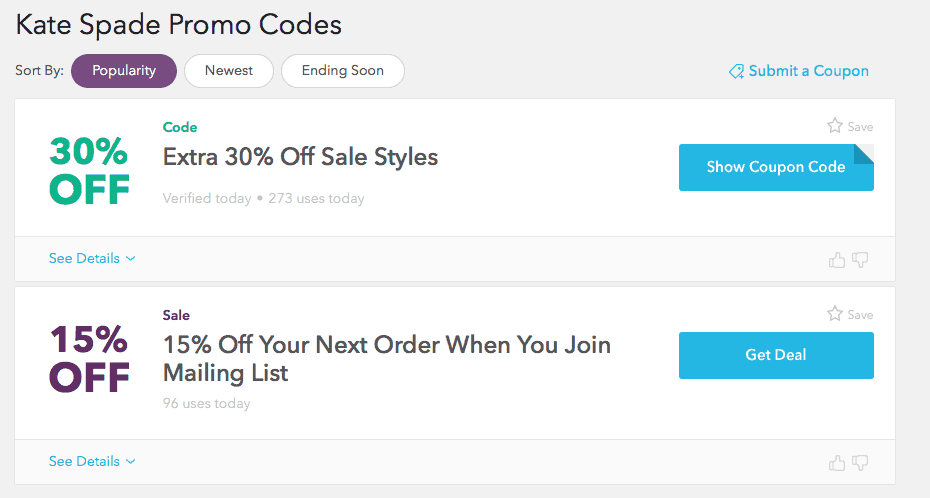 The Hunt for Kate Spade Coupons 6 Screenshot of kate spade coupon codes on retailmenot