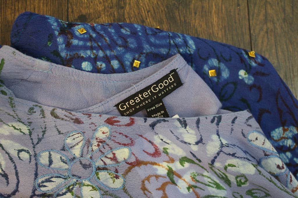 Close up of hand-dyed dress from Greater Good in support of breast cancer awareness.