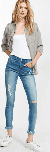 Ripped skinny jeans with white t shirt and taupe button-down shirt 