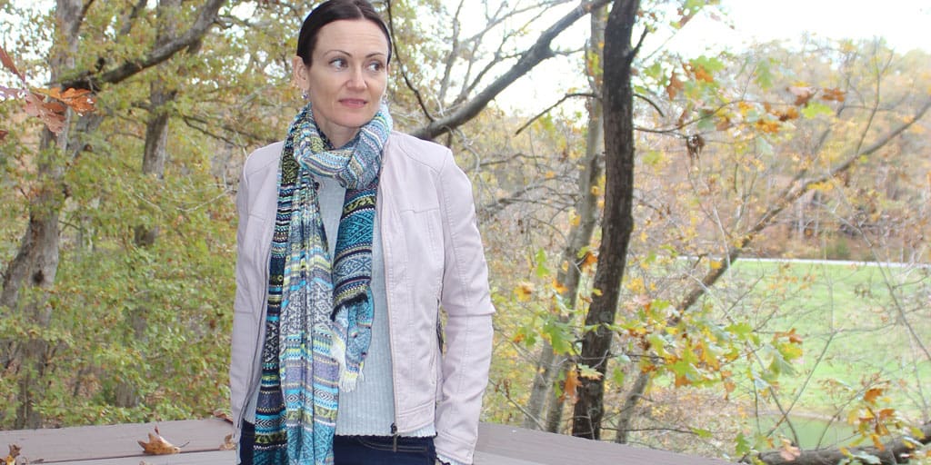 Catherine Brock, Budget Fashionista, wearing a pink vegan jacket