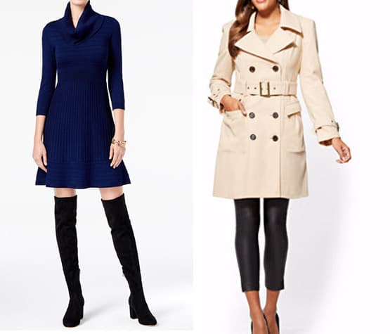 Blue flare sweater dress and beige trenchcoat
