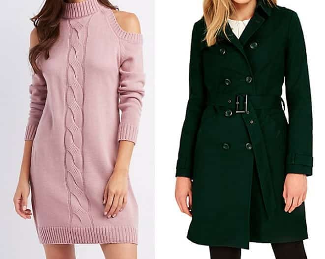 Soft pink sweater dress with forest green trench coat
