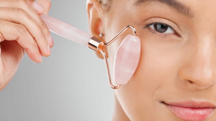 Close up of woman using beauty roller.