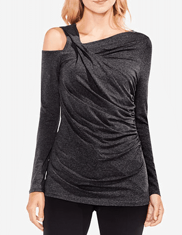 Dark heather gray ruched top with an asymmetric neckline