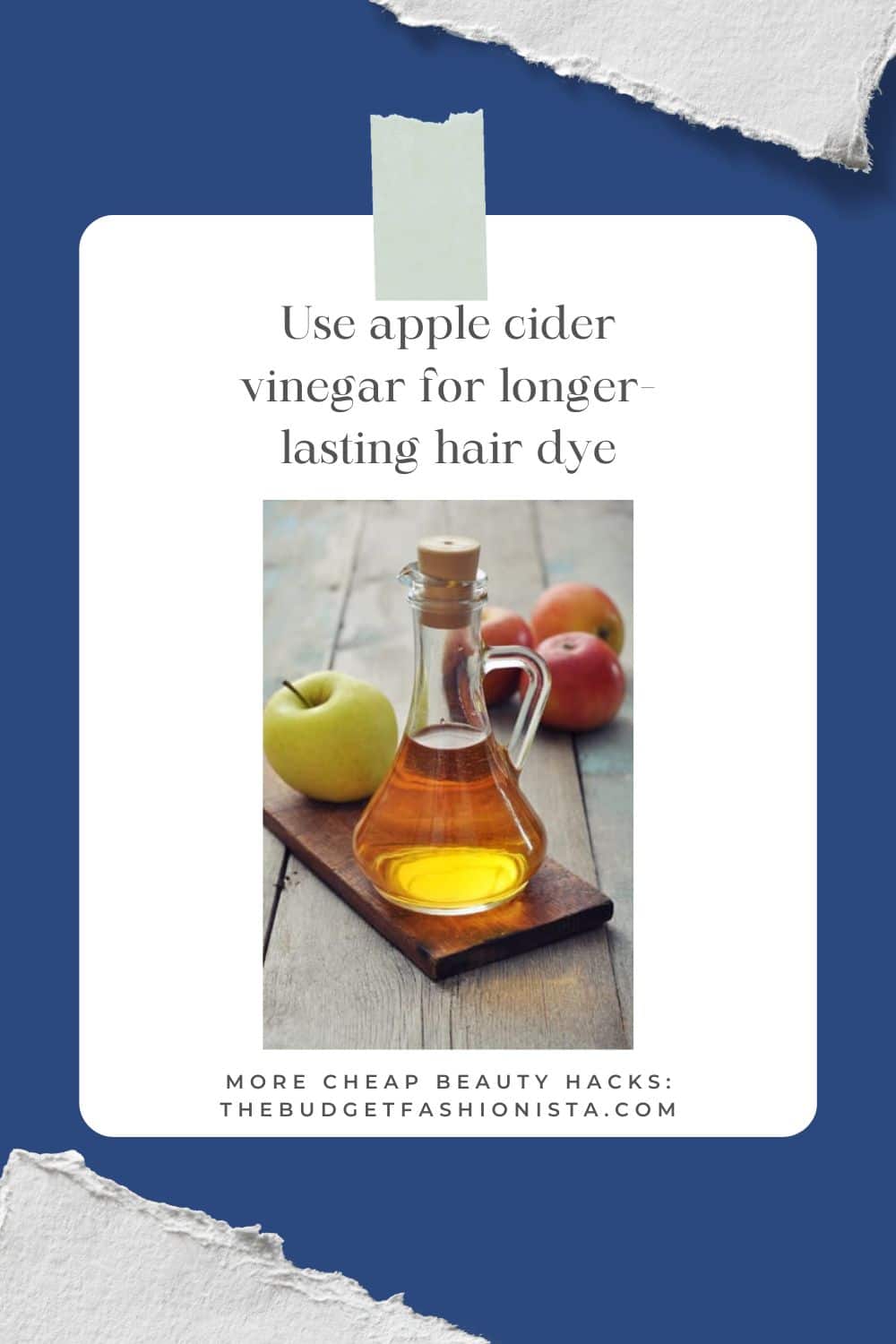 Bottle of apple cider vinegar as cheap beauty hack with text overlay.