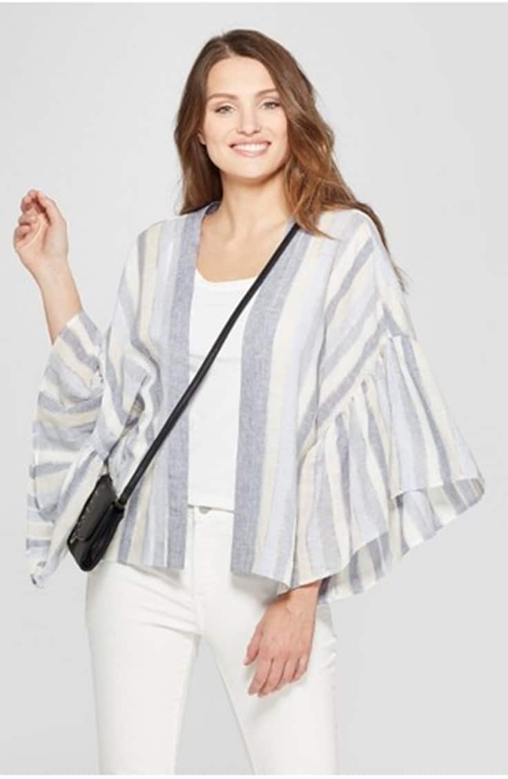 Woman wearing striped kimono from Target