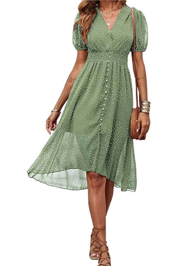 Green polkadot midi dress.