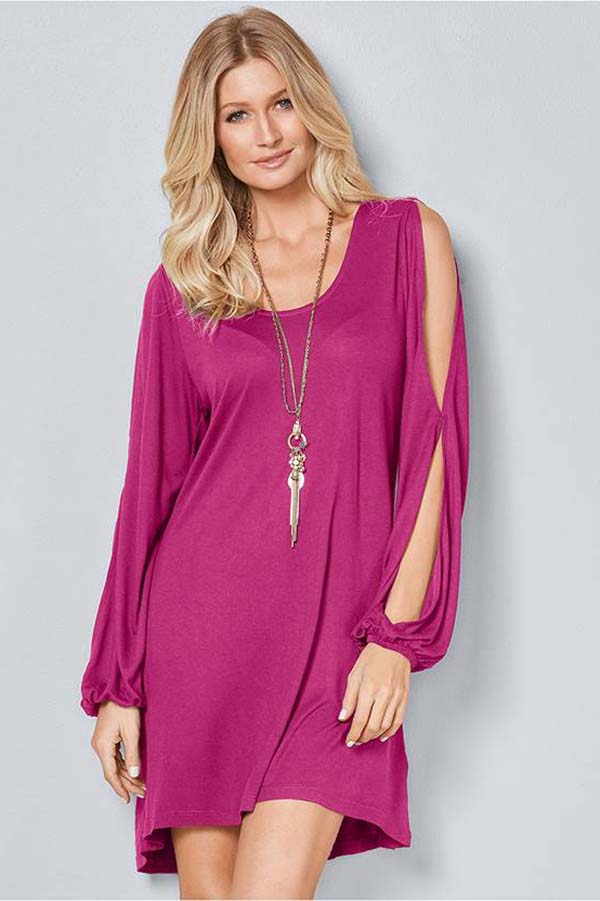 Hot pink spring dress with cutout sleeves.