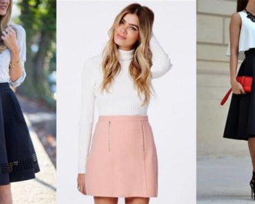 Collage of three outfits featuring A-line skirts
