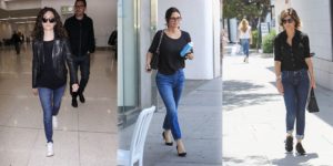 Three celebrities wearing black tops with denim