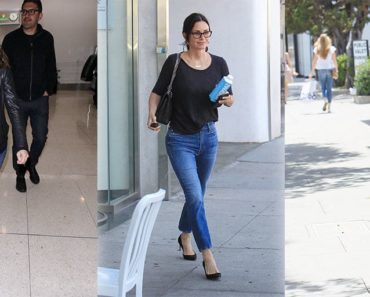 Three celebrities wearing black tops with denim