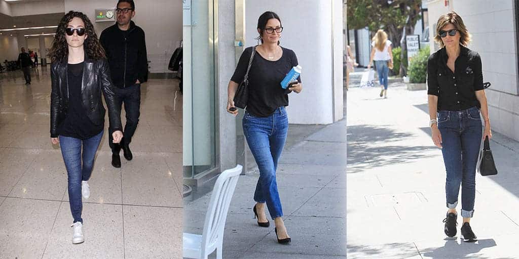Three celebrities wearing black tops with denim