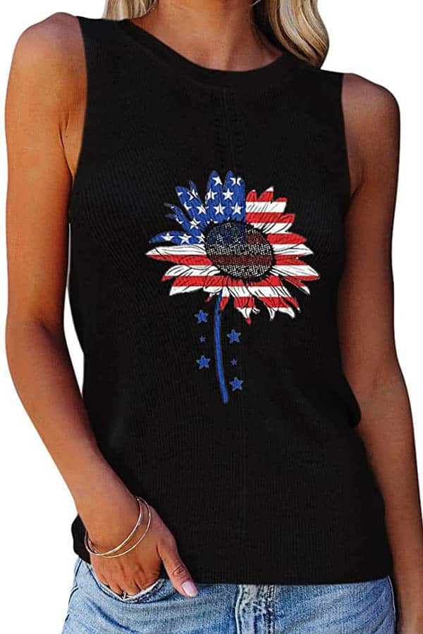 Product shot of model weariing tank Americana top to wear on 4th of July.