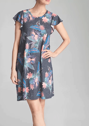 Gray, blue and pink floral linen dress