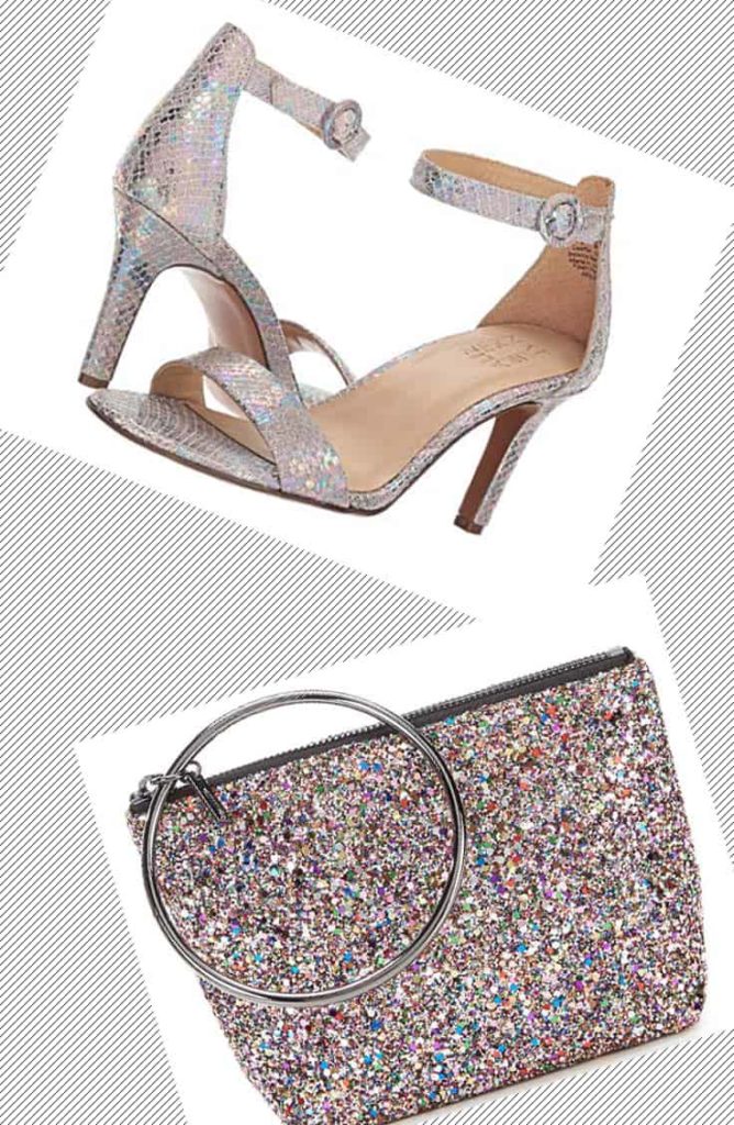 Iridescent shoes and shiny holiday clutch
