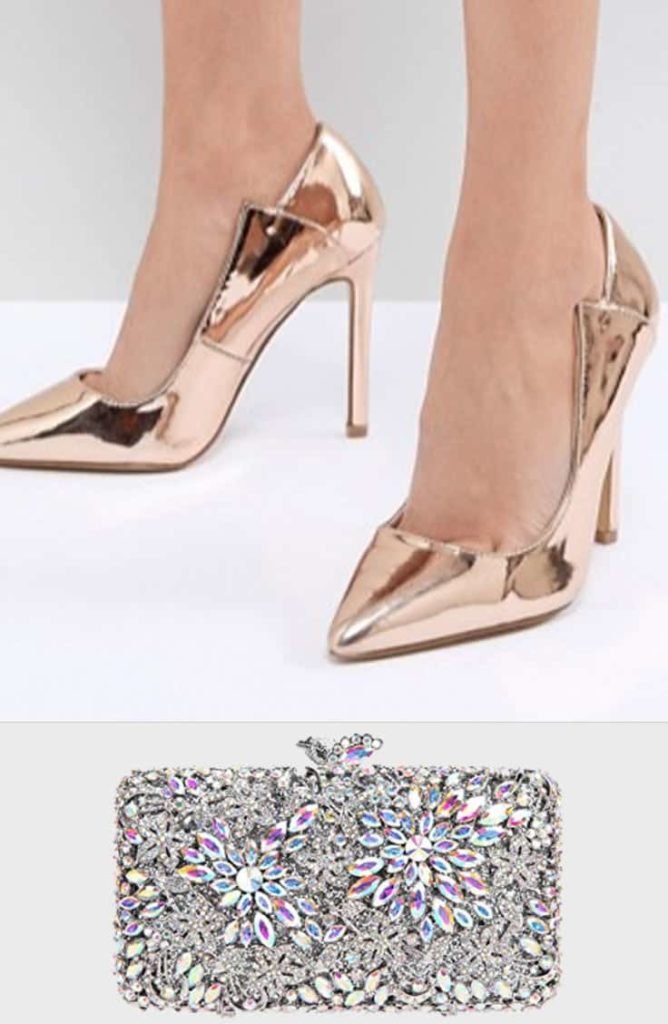 Rose gold shoes and bling holiday clutch
