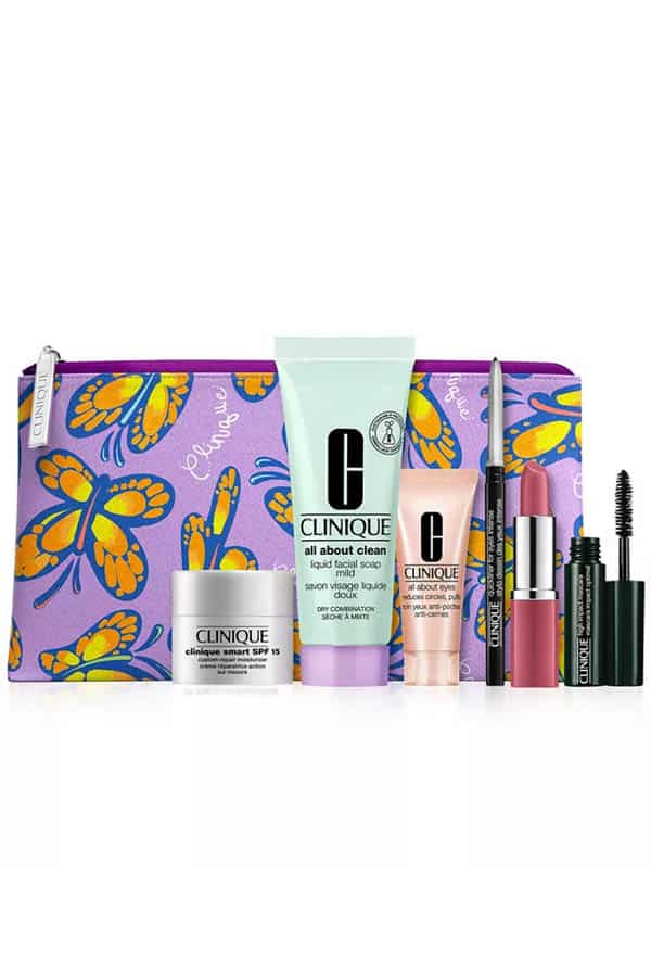 Clinique gift with purchase promotional set of cosmetics and makeup bag.