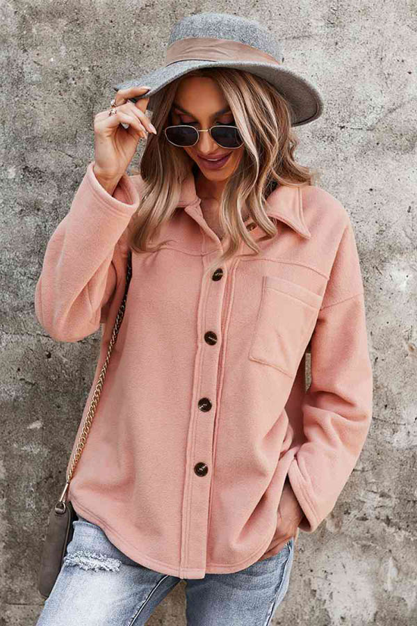 Rose-colored shirt jacket, a coat trend.