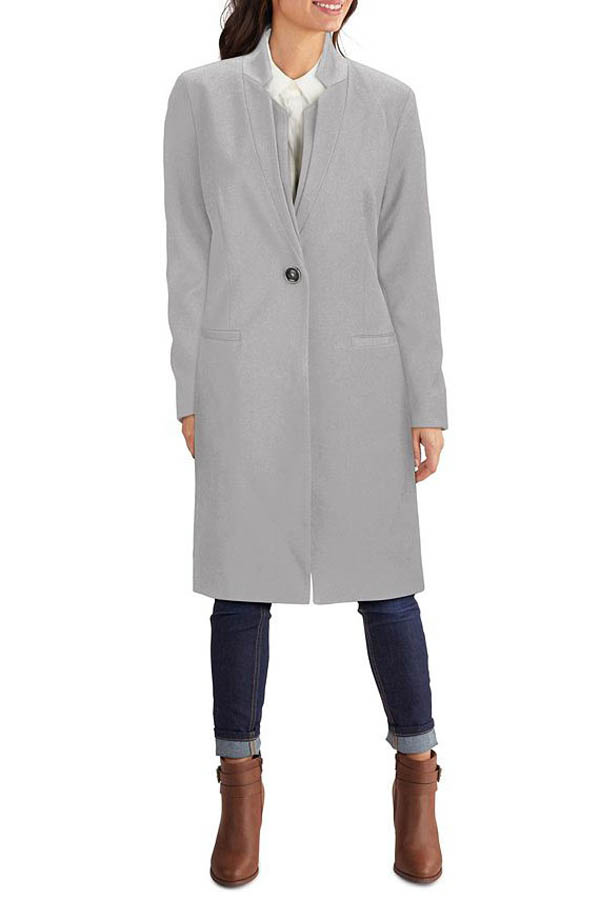 Grey coat with inverted notch collar.
