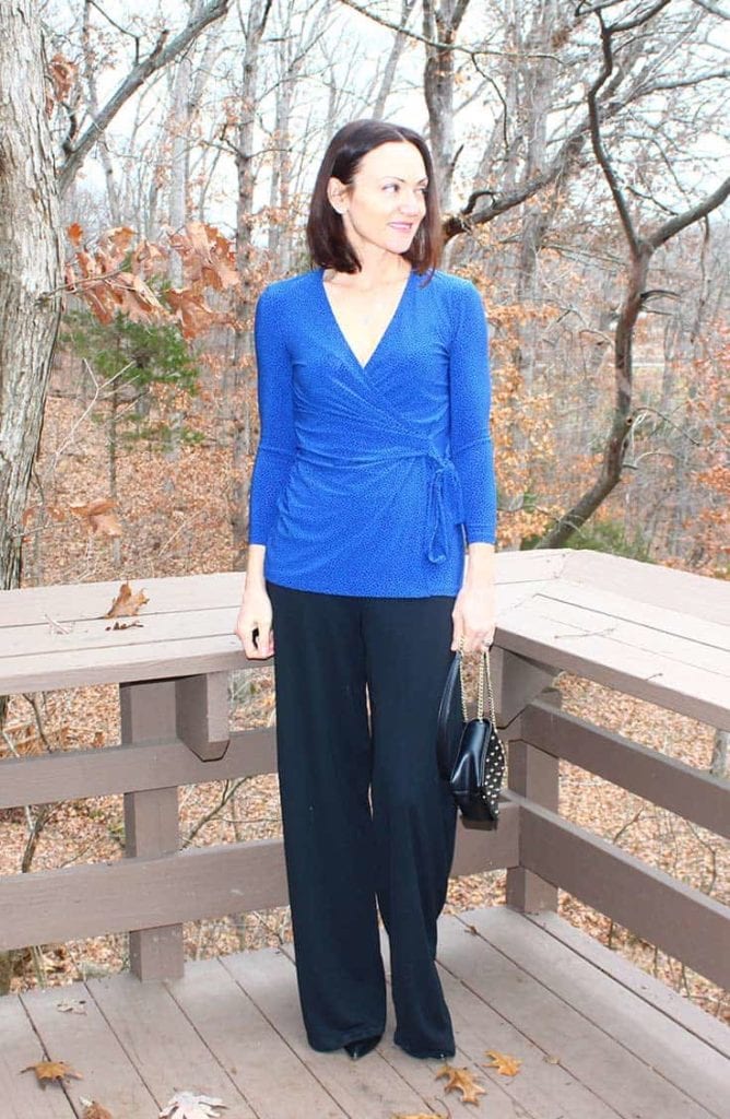 Over 40 Date Night Outfit — Under $225 with Shoes and Bag 1 Catherine Brock, the Budget Fashionista, wearing wide-legged pants and wrap top