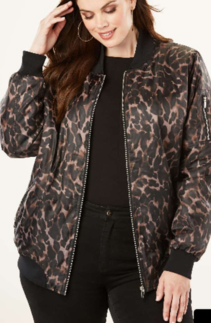 Zip front bomber jacket in animal print