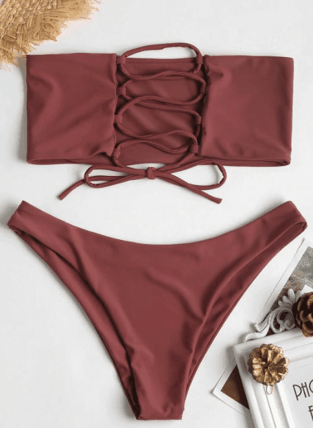 Two piece swimsuit with lace-up top