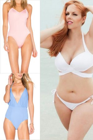 Collage of light skinned women wearing bathing suits