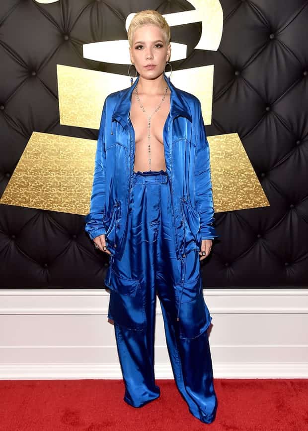 Halsey wearing bright blue parachute pants to the Grammy Awards.