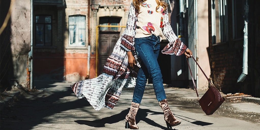 Woman wearing jeans and velvet boots