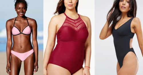 Collage of three women with different skin tones wearing bathing suits