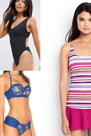 Collage of three women with olive skin wearing bathing suits
