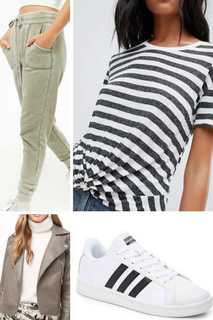 Jogger outfit with striped T and sneakers