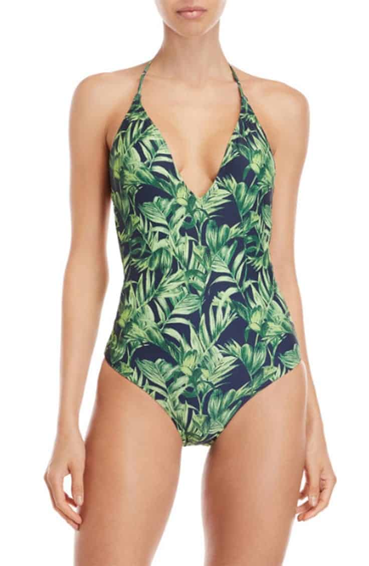 One-piece swimsuit with palm print