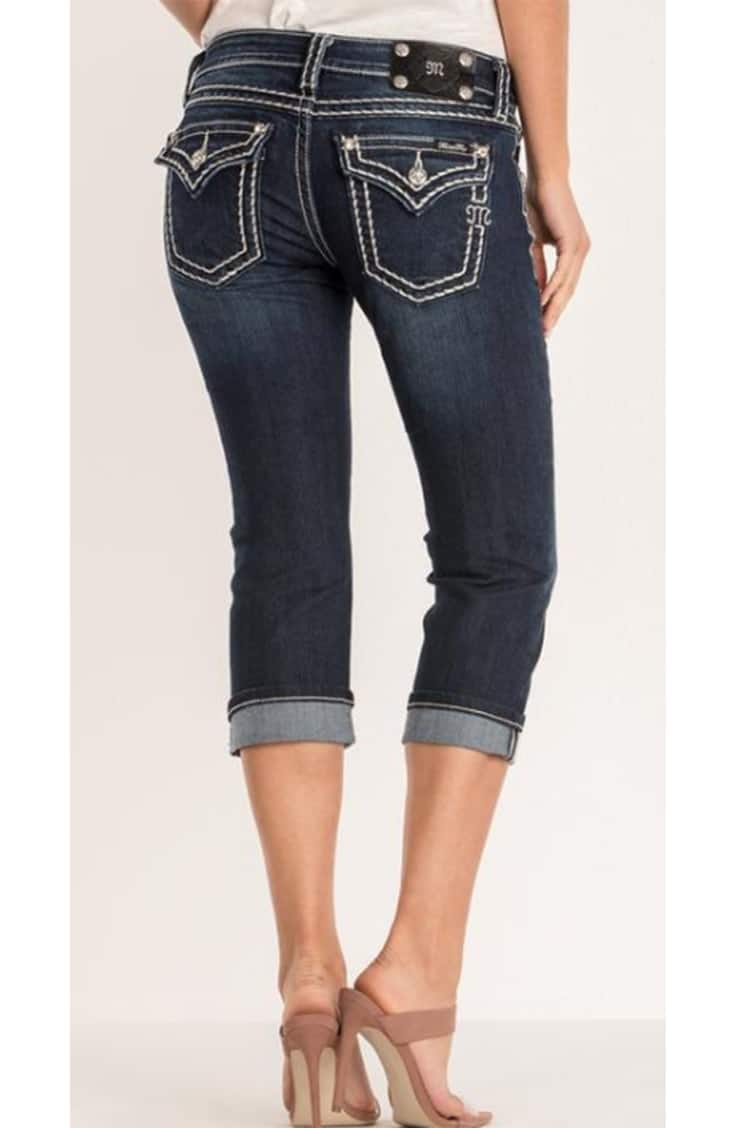 Denim capri pants with embellished pockets