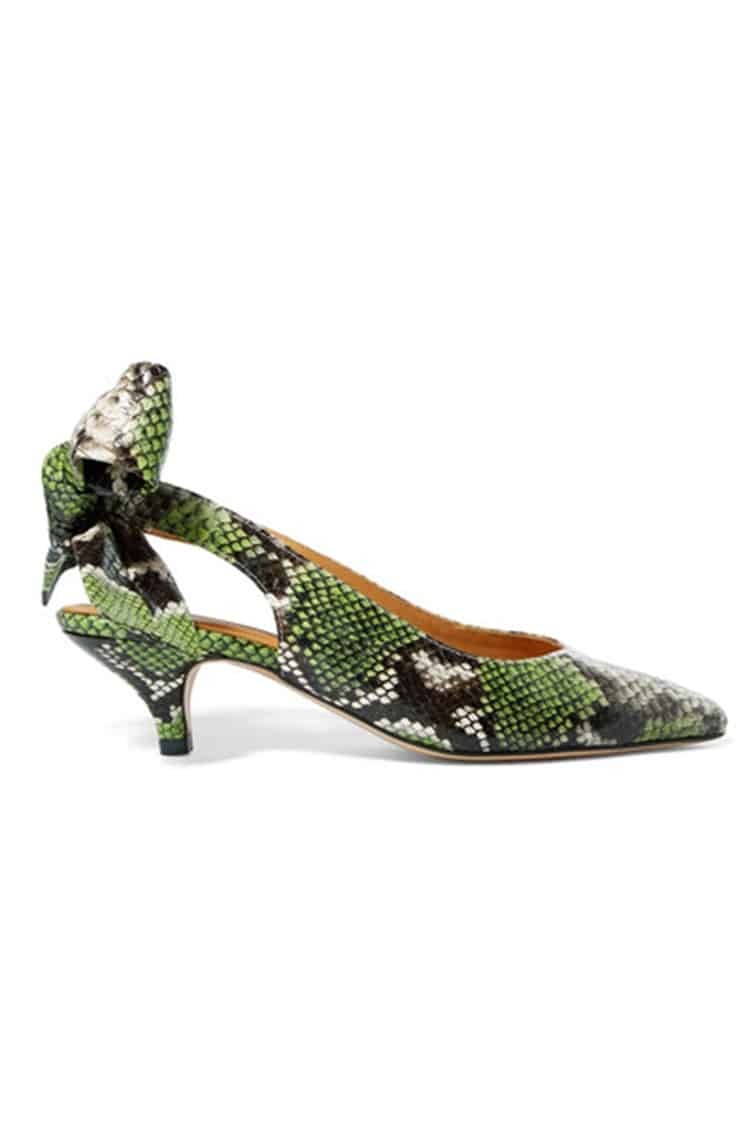 Green snake print kitten heels