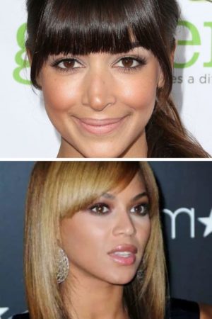 Hannah Simone and Beyonce with bangs