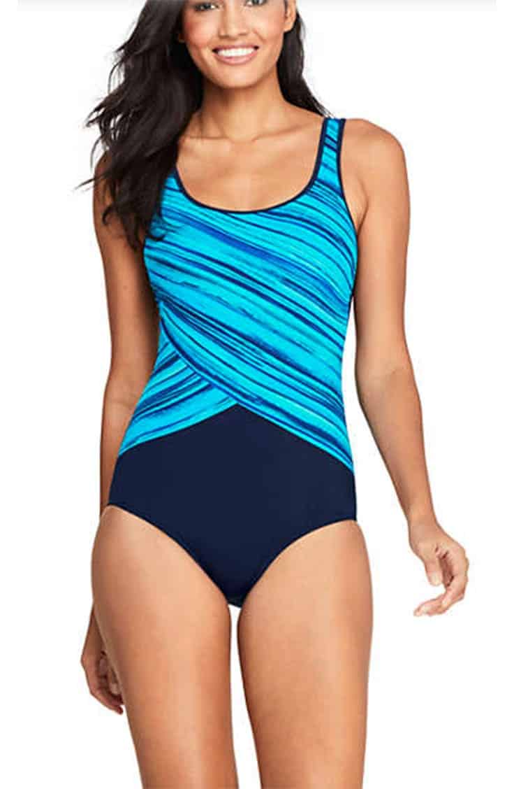 The Best Swimsuits for Tall Women 2 Tall woman wearing one-piece swimsuit with patterned top