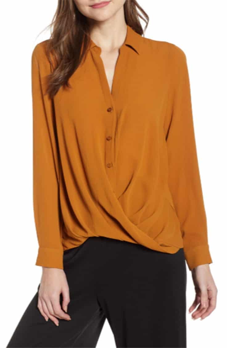 Dark mustard button down top with drape front