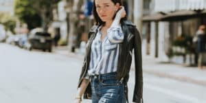 Woman wearing striped shirt with jeans