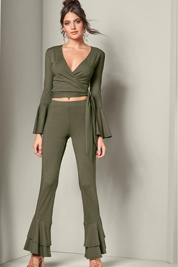 Olive green, 70s inspired, flare leg pants 