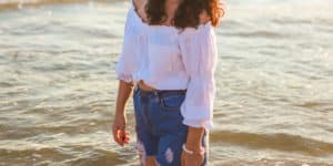 Woman wearing high-waisted denim shorts